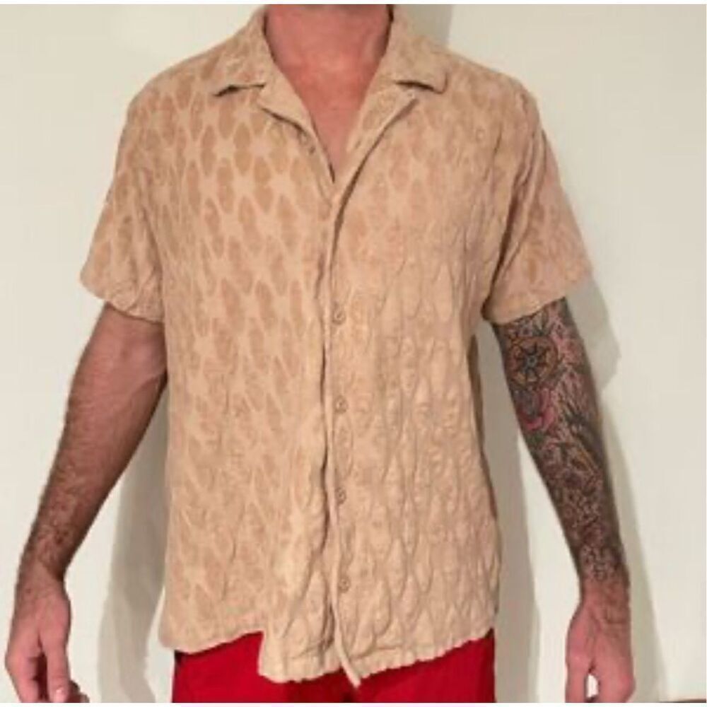 Lost Vintage French Terry Textured Cotton Short Sleeve Button Down Shirt Tan Siz